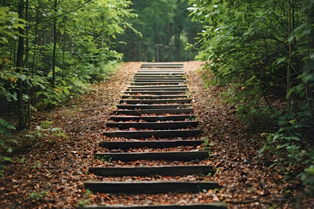Steps outdoors leading into green scenery